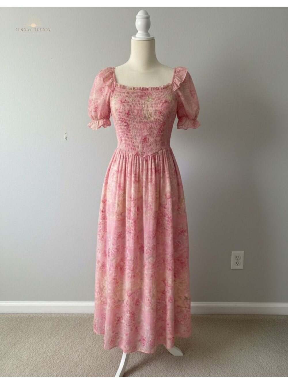 Floral Chiffon Midi Dress Square Neck Puff Sleeve Cottagecore